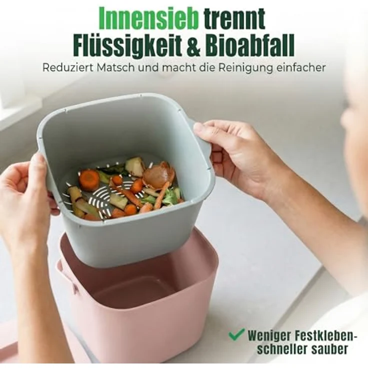 YourCasa Biomülleimer Küche - 4L - Komposteimer für alltäglichen Biomüll Behälter - Spülmaschinenfest - Geruchsdicht - Sieb - Bio Mülleimer klein mit Deckel Eimer Bioabfallbehälter Biotonne (4L Rosa) – Bild 4