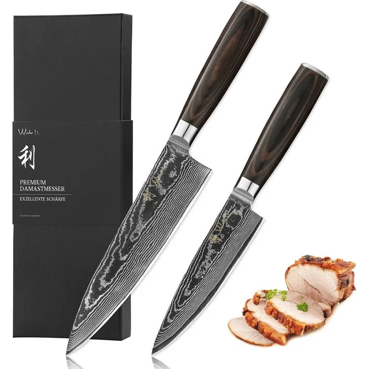 Wakoli Messer-Set EDIB Essentials 2er Set Damast Chefmesser I 13 und 20 cm I Pakkaholzgr (Damastmesser mit Geschenkbox, 2-tlg), 67 Lagen Damaststahl, VG-10 Stahlkern