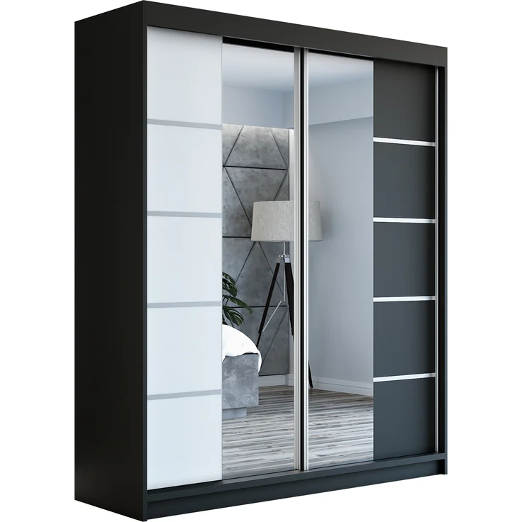 Schwebetürenschrank ERA 2-türig Schrank 180 cm (mit Spiegel) Farbe: Schwarz , weiß – Bild 1