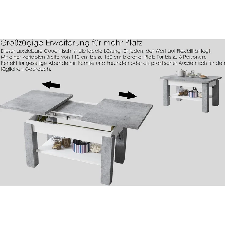 designimpex Couchtisch Couchtisch Astoria Weiß Hochglanz höhenverstellbar ausziehbar Esstisch, Funktionstisch, Wohnzimmertisch, Tisch, Esstisch, Sofatisch – Bild 6