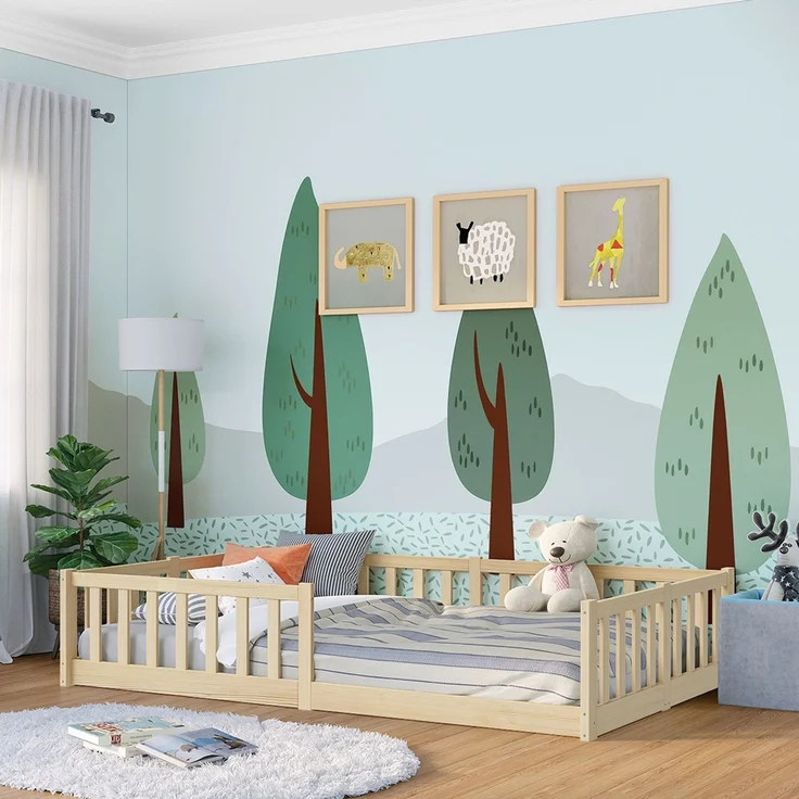 Bellabino 'Vere' Bodenbett 120x200 cm, natur, Massivholz Kiefer, Montessori Kinderbett mit Rausfallschutz und Lattenrost – Bild 1