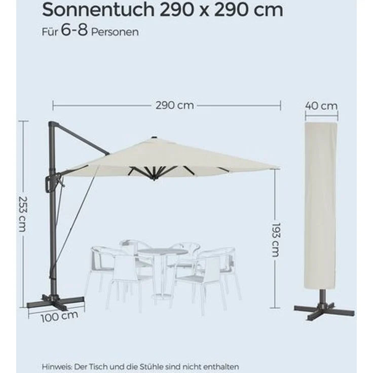 Songmics Sonnenschirm mit Ständer, 360° drehbar, UPF 50+, Beige, 253 x 5,5 x 290 cm – Bild 4
