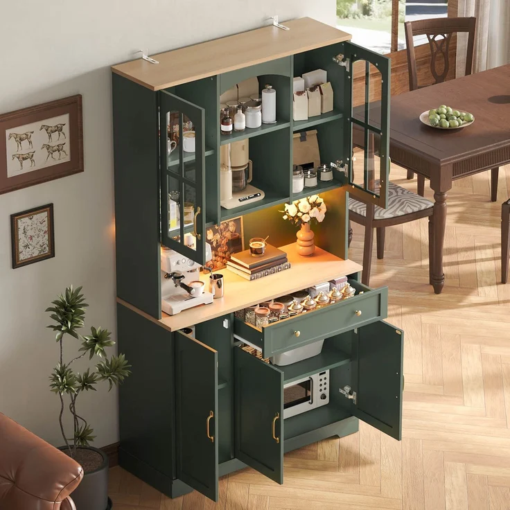 Küchenhochschrank 100 x 38 x 176 cm aus MDF in Graugrün mit Glastüren und LED-Beleuchtung – Bild 4