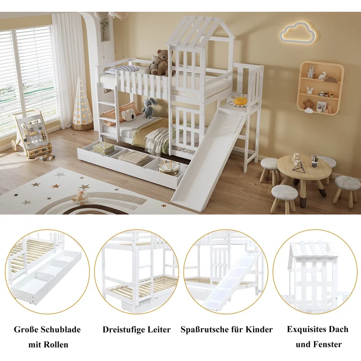 Etagenbett mit 2 Schlafgelegenheiten und Lattenrost, 90x200 cm, Kinderbett mit Rutsche, Schubladen und Rausfallschutz, Spielbett, Kiefer – Bild 4