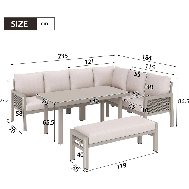 Merax Gartenlounge-Set, Gartenmöbel-Set 7 Sitzer, Gartensofa Eckstellung, mit Esstische, Bänke und Sofas, Khaki – Bild 4