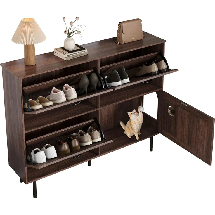 Merax Schmaler Schuhschrank mit 3 Klappen, mit Ablage für Tierspielzeug, Schuhregal, Schuhablage, Natural walnut – Bild 10