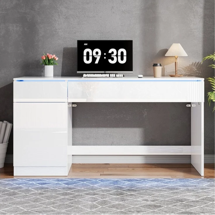 Flieks Schreibtisch Computertisch Arbeitstisch Bürotisch mit LED-Beleuchtung (120x50x78 cm, 1-St, 1 Tisch), Multifunktionstisch mit 2 Schublade und 1 Türen hochglänzend Weiß – Bild 4