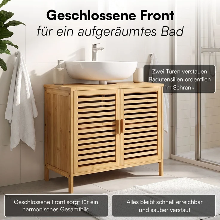 Bellamio 'Newa' Badezimmer Waschbeckenunterschrank, Bambus, natur, 60x33x65 cm, Badezimmerschrank mit 2 Ablagefächern, 2er-Set – Bild 3