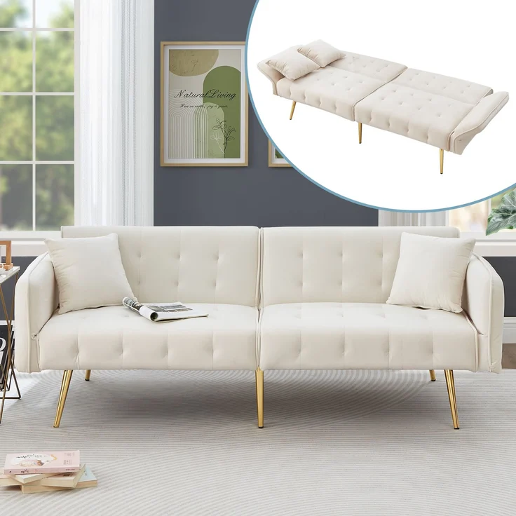 Sofabett 2-in-1 Samt,Zweisitzer mit verstellbarer Rückenlehne & Armlehnen, zum Gästebet,Weiß – Bild 1