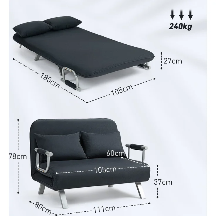 Schlafsofa, 5-fach verstellbar, Wildlederimitat, Stahlrahmen, inkl. Kissen, Schwarz--Schwarz--111x80x78cm--YOUDENOVA – Bild 5