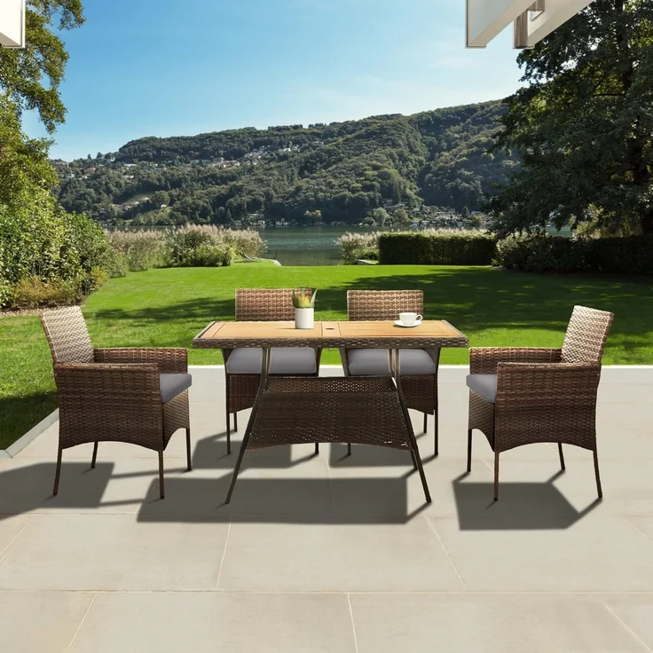 Teamson Home 5-teiliges Gartenmöbel-Set für den Außenbereich, Rattan-Gartentisch & 4 Stühle mit abnehmbaren Kissen, wetterbeständig, Braun/Creme – Bild 2