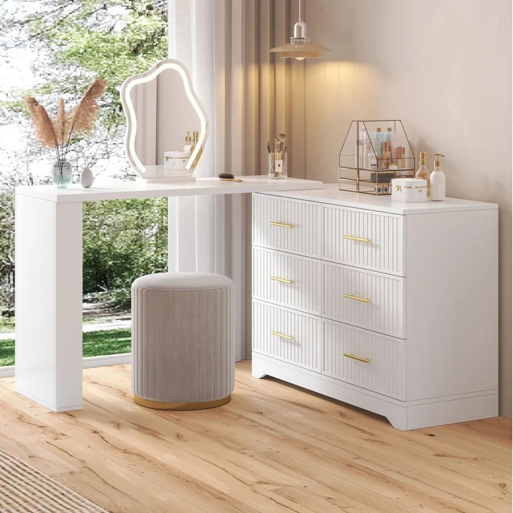 Schminktisch 110x40x129 cm, drehbar, mit LED-Spiegel und 6 Schubladen – Weiß und Goldfarben – Bild 2