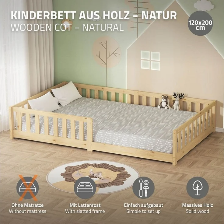 ML-DESIGN Spielbett Bodenbett Holzbett mit Lattenrost & Rausfallschutz Jugendbett Babybett, Abenteuerbett 120x200cm Natur Kinderbett Bettgestell ohne Matratze – Bild 2