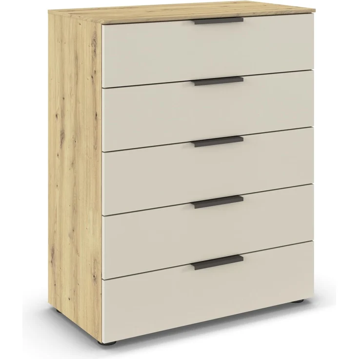 Rauch Möbel Flipp, Kommode für Schlafzimmer, Kinderzimmer, Wohnzimmer, Jugendzimmer, Flur, Garderobe, 5 Schubladen, mit Softclose Funktion, Farbe Eiche Artisan, Holz/Beige, Breite 80 cm