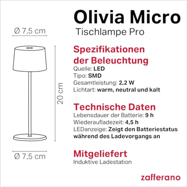 Zafferano, Olivia Micro Lampe, Kabellose, Wiederaufladbare Tischlampe mit Touch Control, Auch für den Außenbereich Geeignet, Dimmer, 2200-3000 K, Höhe 20 cm, Farbe Sand – Bild 4
