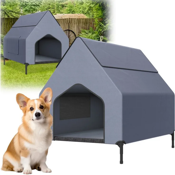 FIVMEN Hundebett mit Baldachin Hundeliege Hundehütte im Hausform, Oxford-Material Stahlrahmen Hundekäfig S/M/L