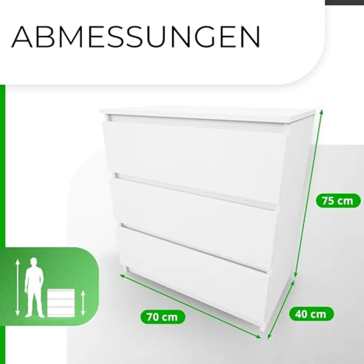 CDF Kommode mit Schublade Weiß Schrank Schubladenschrank 3 Schubladen Malm Kommode viel Stauraum Geeignet für Wohnzimmer Schlafzimmer Komodenschrank Organizer Kleidung 40T x 70B x 75H cm – Bild 3