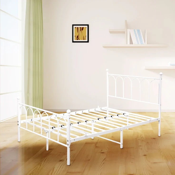 Einzelbett Metall 90x200 cm, Weiß, Lattenrost, Stauraum 27 cm, rustikal (ohne Matratze) – Bild 6