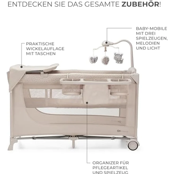 Kinderkraft Joy 2 Acc Kinderbett, 3 in 1 Kinderreisebett, Babybetten, Kinderbett, Reisebett, Modernes Design, Kleine Abmessungen nach Zusammenklappe, Praktisches Zubehör, Räder, Beige – Bild 9