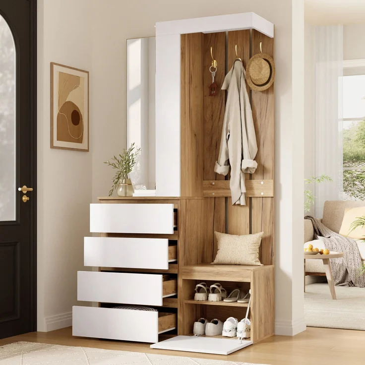 Garderoben-Set 100x35x180 cm mit Spiegel, 4 Schubladen, Tür und Haken – Bild 3
