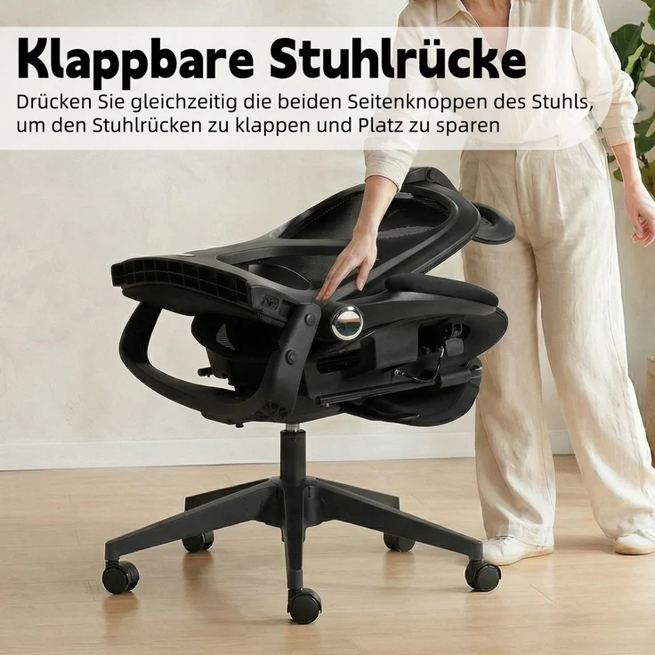 Klappbarer ergonomischer Bürostuhl, kleiner Platz-Klappstuhl mit Taillenstütze, Ganznetzschiebekissen, klappbare Armlehnen, 3D-Kopfstützen und Bürostuhl mit Arbeitspedalen,schwarz--Schwarz--129x48.5x62cm--YOUDENOVA – Bild 5