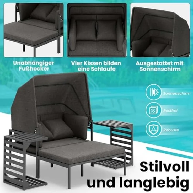 Melko Gartenlounge-Set Sonneninsel inkl. Sonnendach Strandkorb Sonnenliege Aluminium Grau, (wetterfest, resistent gegen Regen, Salzwasser und intensive Sonneneinstrahlung, inkl. 2 extra dicke und weiche Kissen inkl. Reißverschluss), 2 Beistelltischen u... – Bild 5