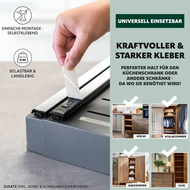 Teleskopschublade mit Einlegeboden, ausziehbar, Breite von 43-67 cm, zum Kleben oder Bohren, aus grauem Metall – Bild 4