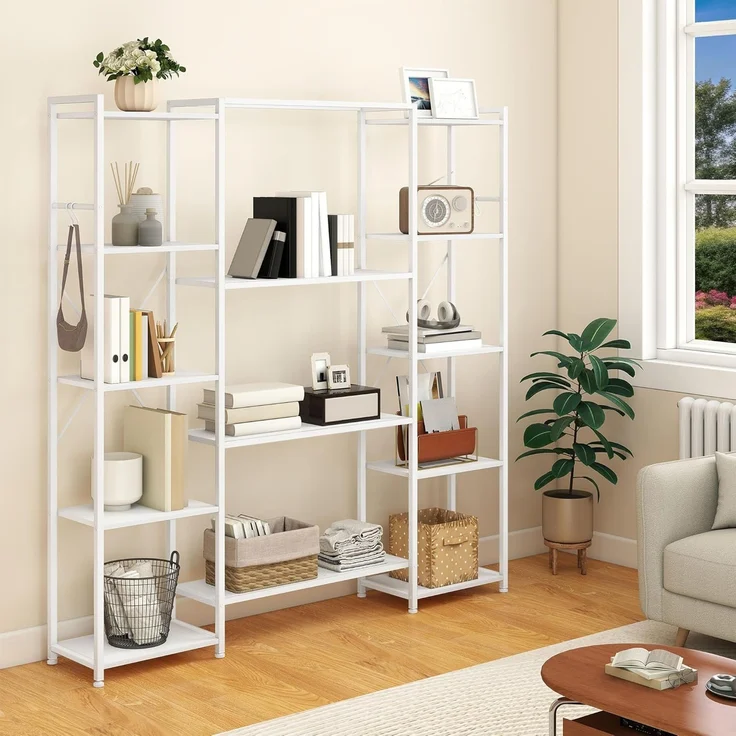 YITAHOME Industrielles Bücherregal 73 cm breit, Stehend Offen Aus Holz Und Metallrahmen Mit 13 Regalen, Präsentationsregal Für Wohnzimmer, Heimbüro, Reinweiß – Bild 1