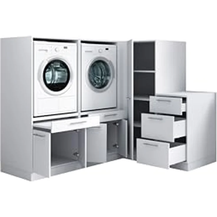 Laundreezy Waschraum Komplett-Set, Weiß - Modulares Schranksystem für Waschküche & Hauswirtschaftsraum - 203 x 162 x 68 cm (B/H/T) – Bild 4