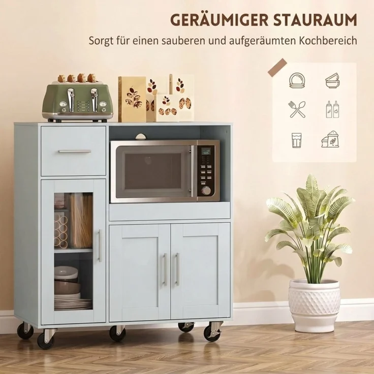 EINHOM Küchenschrank auf Rädern, Mobile Küchenkommode mit Ablagen, Schubladen, Verstellbarem Regal, Kabelloch, Grau – Bild 4