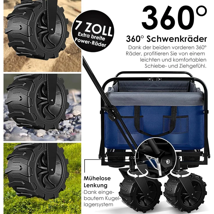 KESSER® Bollerwagen faltbar mit Breite Reifen Handwagen Transportkarre Gerätewagen | inkl. 2 Netztaschen | klappbar | Kunststoff-Reifen | bis 150 kg Tragkraft transportwagen Gartenanhänger Blau/Grau – Bild 3