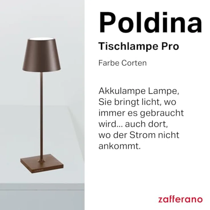 Zafferano, Poldina Pro Lampe, Kabellose, Wiederaufladbare Tischlampe mit Touch Control, Auch für den Außenbereich Geeignet, Dimmer, 2200-3000 K, Höhe 38 cm, Farbe Corten – Bild 4