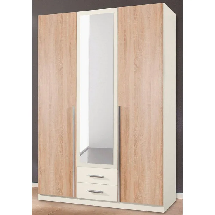 Wimex Kleiderschrank/ Drehtürenschrank Skate, 3 Türen, 2 Schubladen, 1 Spiegel, (B/H/T) 135 x 197 x 58 cm, Weiß/ Absetzung Eiche Sägerau