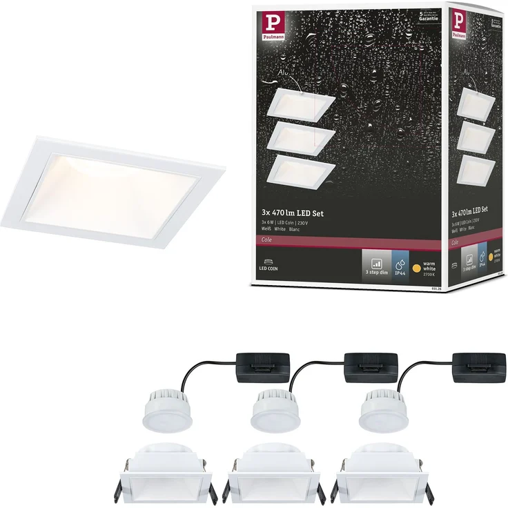 LED Einbauleuchte 3-Step-Dim Cole Coin 3er-Set IP44 eckig 88x88mm Coin 3x6W 3x470lm 230V dimmbar 2700K Weiß – Bild 7