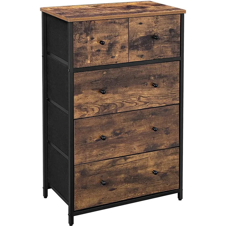 SONGMICS Kommode, Aufbewahrungsschrank, Stoffschubalden mit MDF-Front, Industrie-Design, für Flur, Wohnzimmer, vintagebraun-schwarz LGS45H