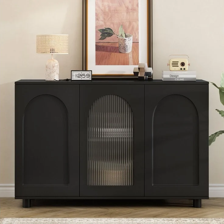 STILVORA Sideboard mit Glastür,Aufbewahrungsschrank Beistellschrank grifflos,Schwarz – Bild 1
