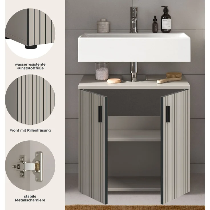 xonox. home – Waschbeckenunterschrank Mone 60 x 59 x 30 cm in Kaschmir Nachbildung – Badunterschrank mit 2 Türen, verstellbarem Boden & Siphonausschnitt – Praktisch, modern & ideal für jedes Badezimmer – Bild 7