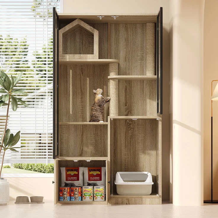 Abrihome Katzenkäfig mit Kratzpfosten, Natur, 160x50x90 cm – Bild 3