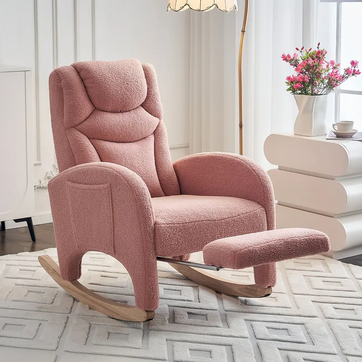 Schaukelstuhl 66x125x101 cm, gepolstert, Teddy-Stoff rosa mit klappbarem Fußhocker