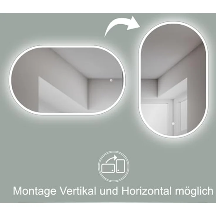 HOKO LED Design Spiegel oval 45 x 75 cm, Badspiegel mit Touch Schalter, warmweiß-kaltweiß-neutrales Licht, HOCH + QUER Montage, IP44 feuchtraumgeeignet – Bild 5