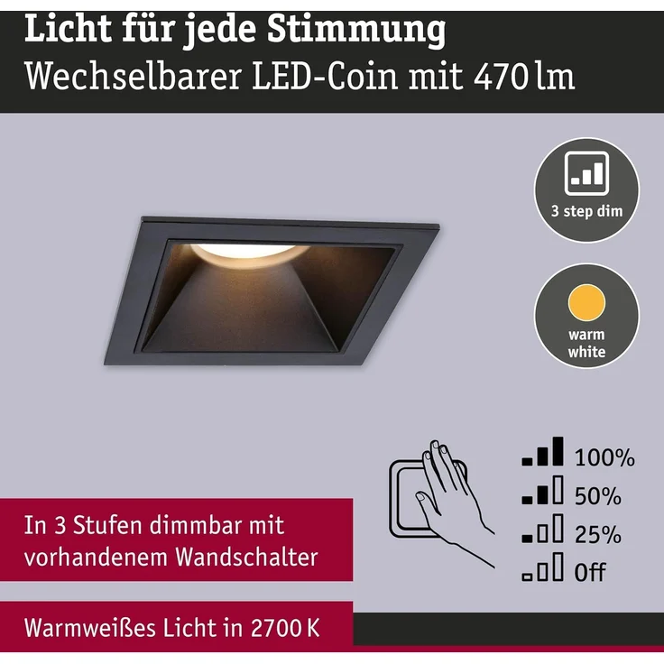 Paulmann 93127 LED Cole Coin Einbauleuchte eckig 2700K Schwarz 3-Step-Dim IP44 – Bild 3