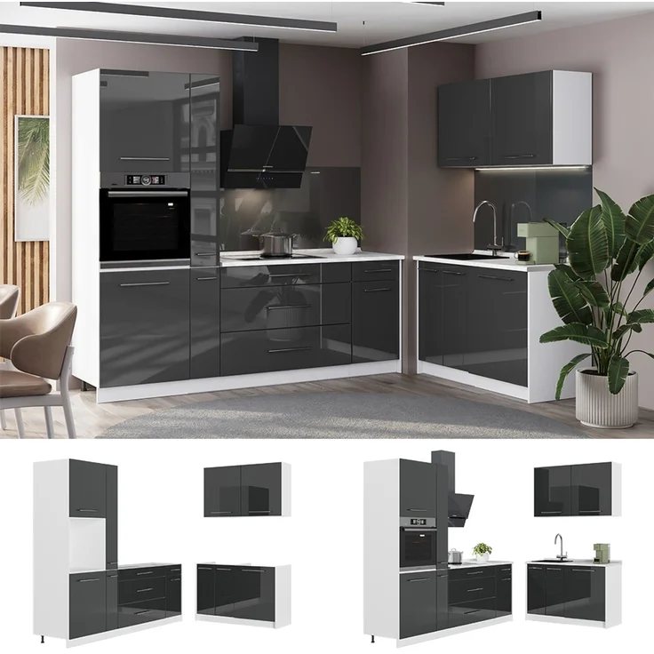 Küchenzeile Fame-Line Anthrazit Hochglanz/Weiß 220x120 cm, AP Marmor Vicco – Bild 4