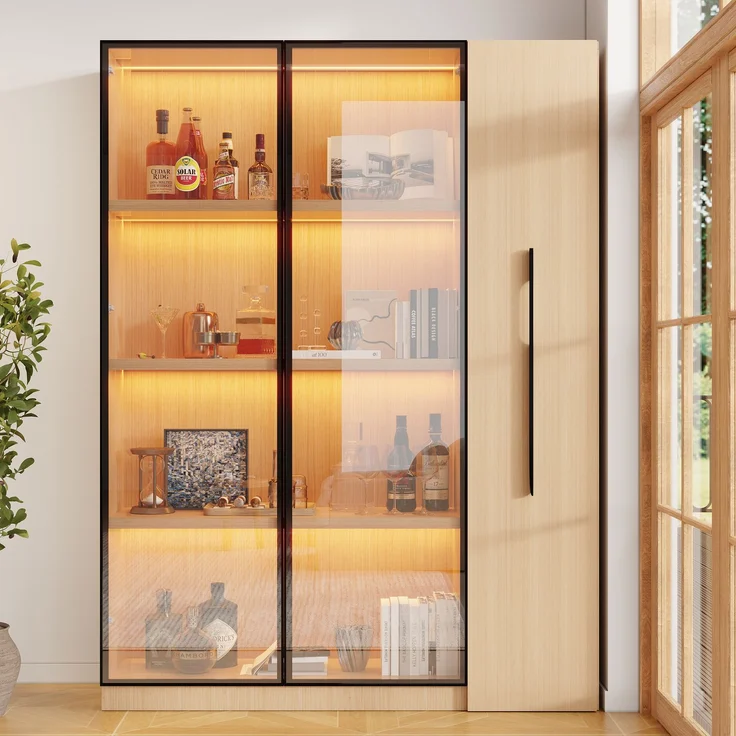 ZUBALIYA Multifunktionsschrank 110,5×35×160cm-Vitrine mit Glastür und LED, Seitenauszug, Rollschrank - Hochschrank im modernen Stil, Vitrine,Esszimmerschrank,Bücherregal, Badezimmerschrä – Bild 2