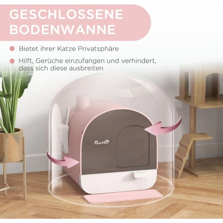 Katzentoilette 43 x 44 x 47 cm mit Deckel, Streufach und Schmutzfangmatte, Rosa – Bild 3