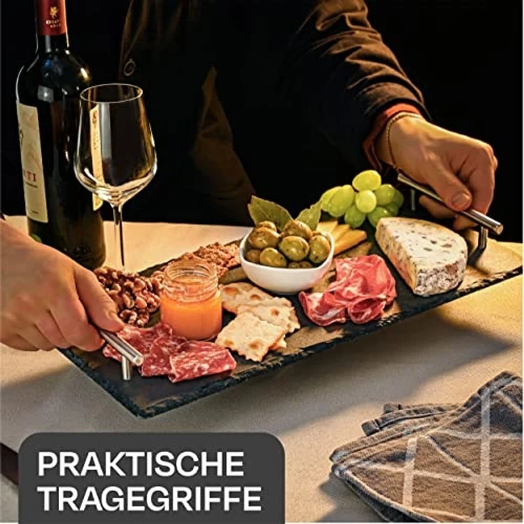 Praknu Servierplatte Schiefer Servierplatte mit Griffen - 40x20 cm, Schiefer, (Set, 1-tlg), Zum Servieren - Echter Naturschiefer - Rutschfest – Bild 2