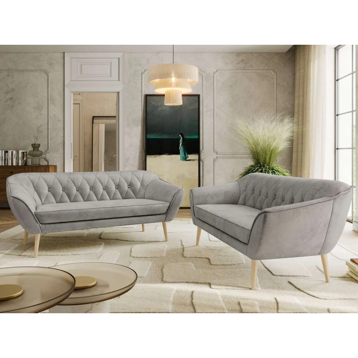 Wohnzimmerset Möbelset PIRS 3-3, Armlehnen, Wellenfederung, Buche Füße, Dreisitzer Sofa, Polstermöbel Set - Hellgrau Velvet – Bild 3
