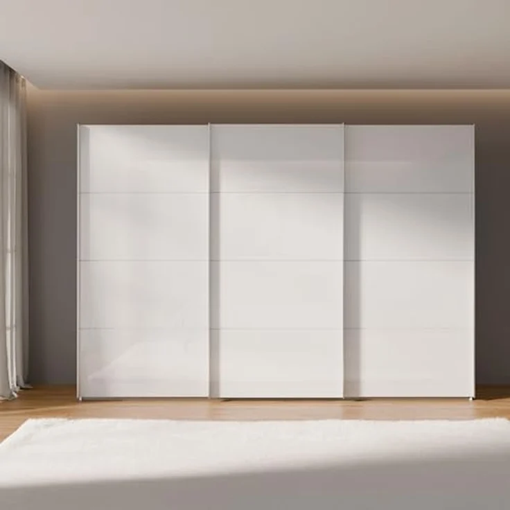 Forte SOPHISTISPACE Kleiderschrank 300, moderner Schwebetürenschrank, 3-türig, Einlegeböden, Kleiderstangen, Holzwerkstoff, Weiß/Weiß Glanz, 299,8 cm breit x 210,5 cm hoch x 62,9 cm tief – Bild 2