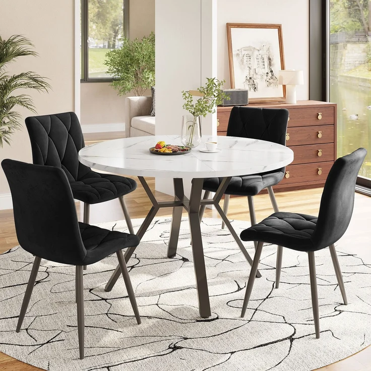 Moderner und schlichter runder Marmor-Esstisch (Durchmesser 1 m), schwarzer X-förmiger Couchtisch mit Metallhalterung, stabil und langlebig, ein Muss für modische Häuser – Bild 2