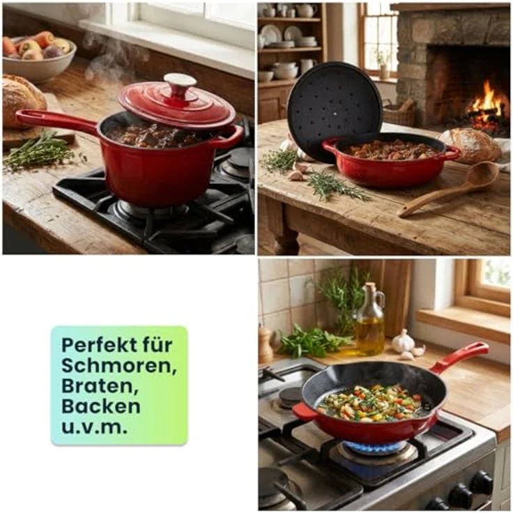 Casativo Gusseisen Topf-Set, 3-teilig, rot, geeignet für alle Herdarten und Backofen, perfekte Wärmeverteilung – Bild 5