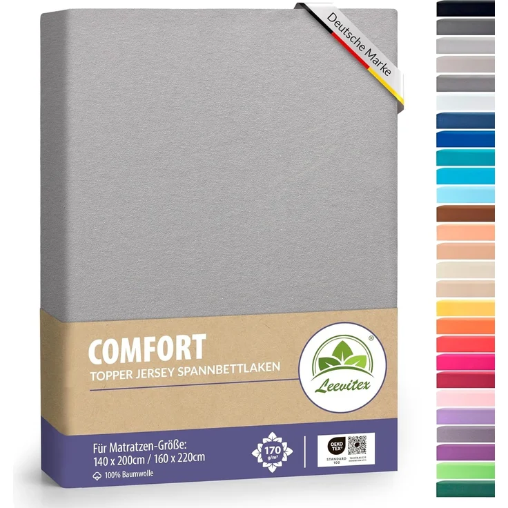 leevitex® Spannbettlaken, Premium 170g/m², Gummizug: rundum, schwer und dick, 100% Jersey-Baumwolle, Grau, Topper | 140 x 200 - 160 x 220 cm
